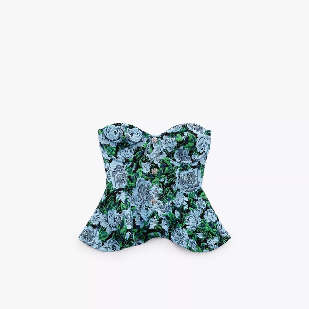 Zara Blue and Green Bustier Peplum Bodysuit